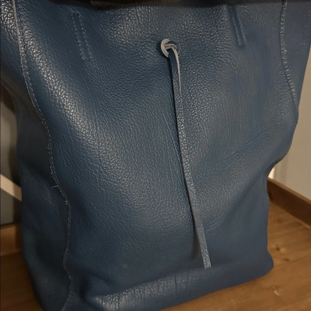 Blue Leather Drawstring Tote Bag - Women's Everyday Carry - Picture 1 of 1